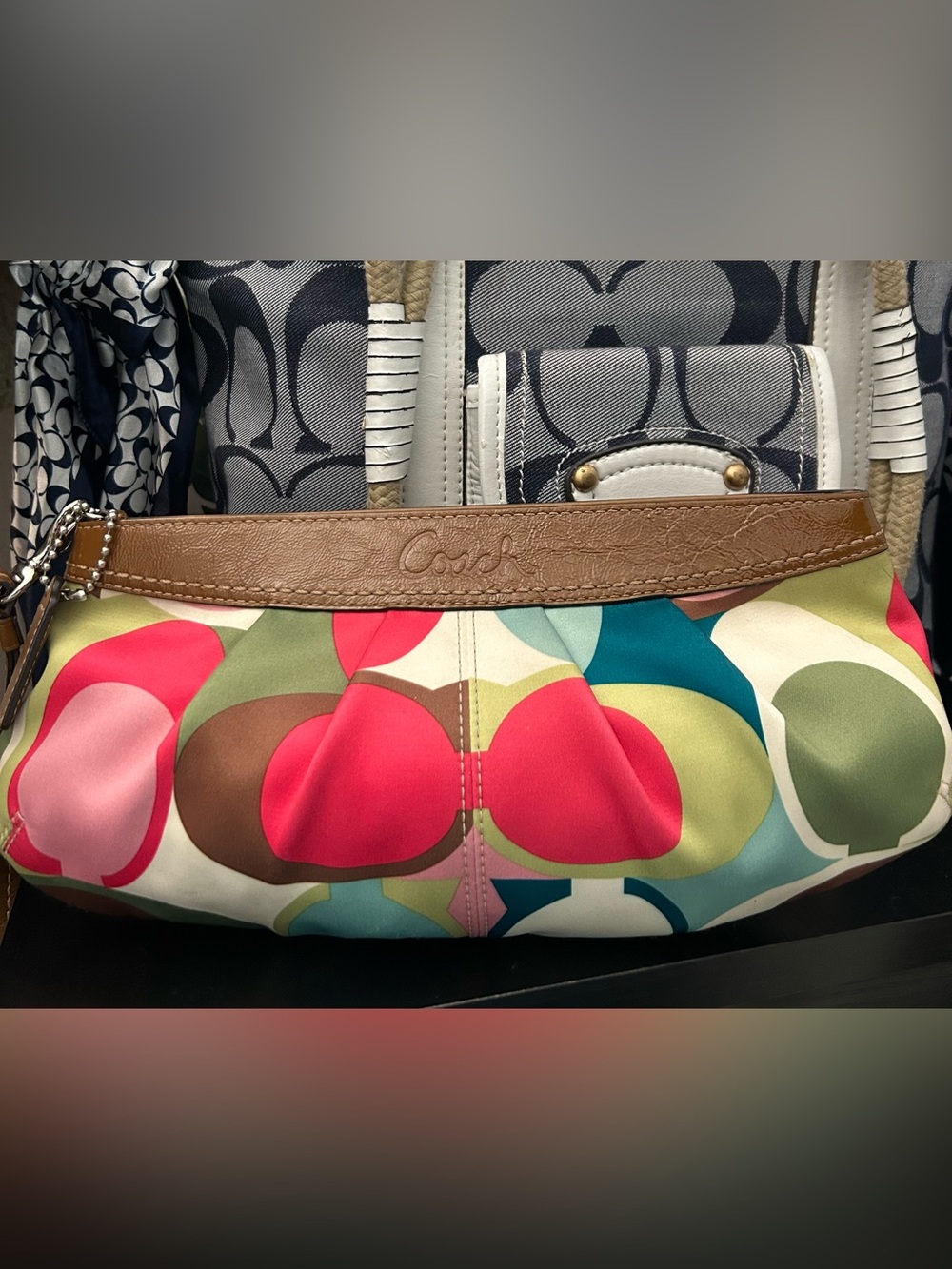 Coach Multicolor Sateen Clutch Wristlet with Brown Leather Trim
